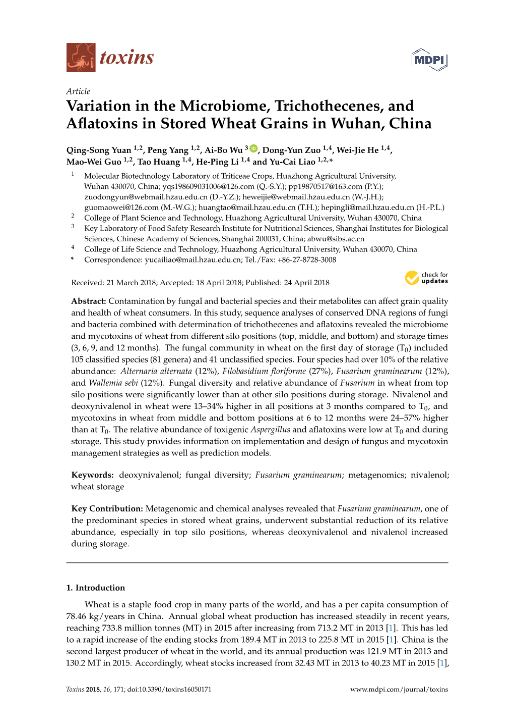 Variation in the Microbiome, Trichothecenes, and Aflatoxins In