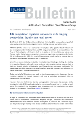 UK Competition Regulator Announces Wide Ranging Competition Inquiry Into Retail Sector