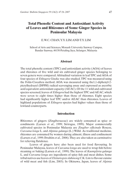 Total Phenolic Content and Antioxidant Activity of Leaves and Rhizomes of Some Ginger Species in Peninsular Malaysia