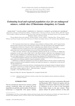 Estimating Local and Regional Population Sizes for an Endangered Minnow, Redside Dace (Clinostomus Elongatus), in Canada