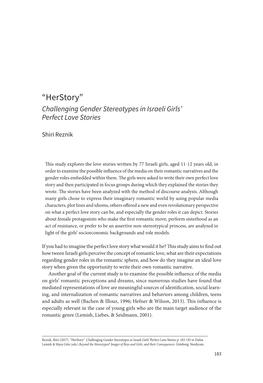“Herstory” Challenging Gender Stereotypes in Israeli Girls’ Perfect Love Stories