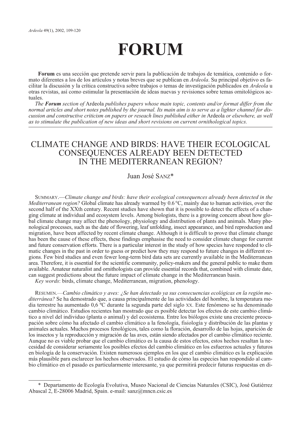 Climate Change and Birds: Have Their Ecological Consequences Already Been Detected in the Mediterranean Region?