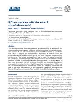 Kipho: Malaria Parasite Kinome and Phosphatome Portal Rajan Pandey†, Pawan Kumar† and Dinesh Gupta*