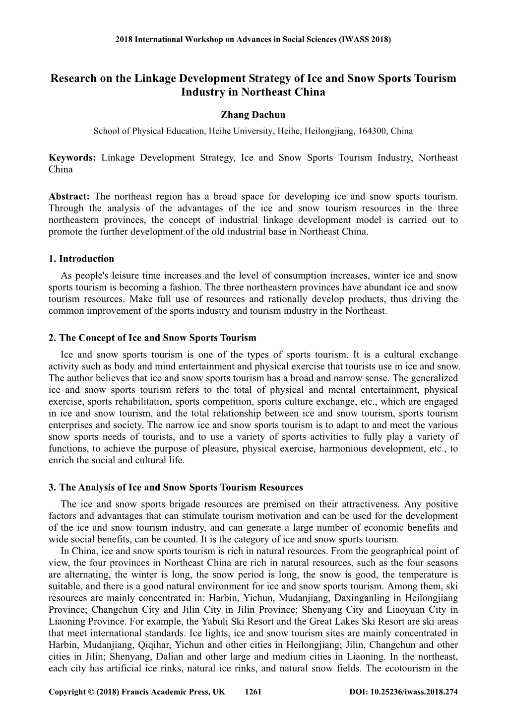 Research on the Linkage Development Strategy of Ice and Snow Sports Tourism Industry in Northeast China