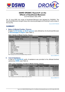 DSWD DROMIC Report #1 on the Effects of Southwest Monsoon As of 05 October 2020, 4PM