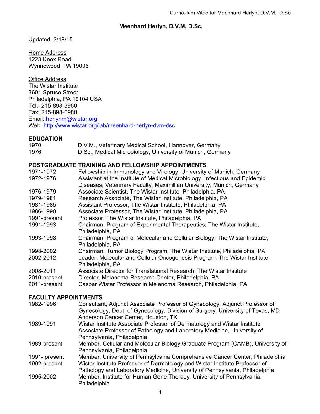 Curriculum Vitae for Meenhard Herlyn, D.V.M., D.Sc