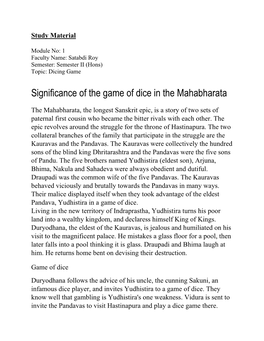 Significance of the Game of Dice in the Mahabharata
