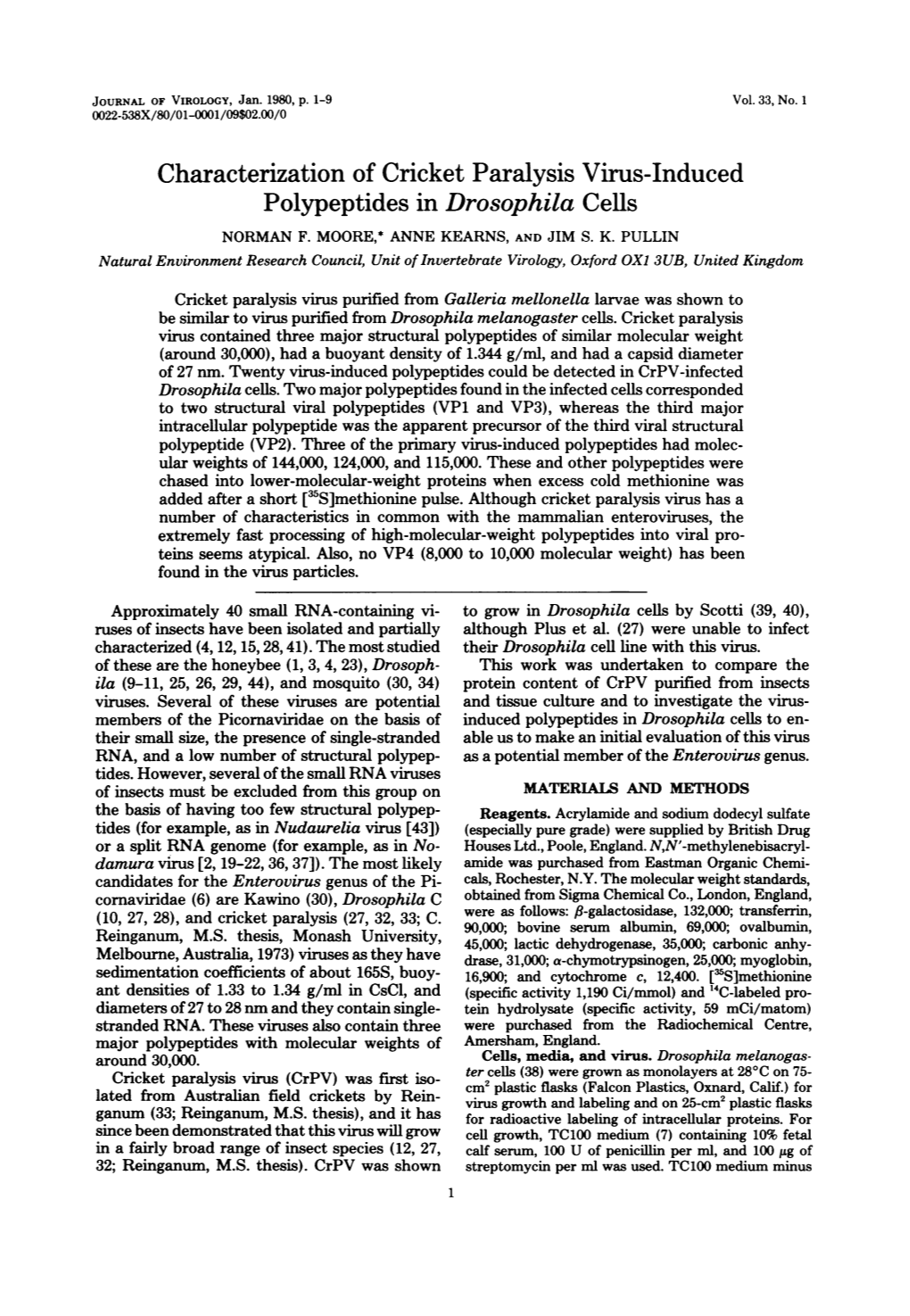 Characterization of Cricket Paralysis Virus-Induced Polypeptides in Drosophila Cells