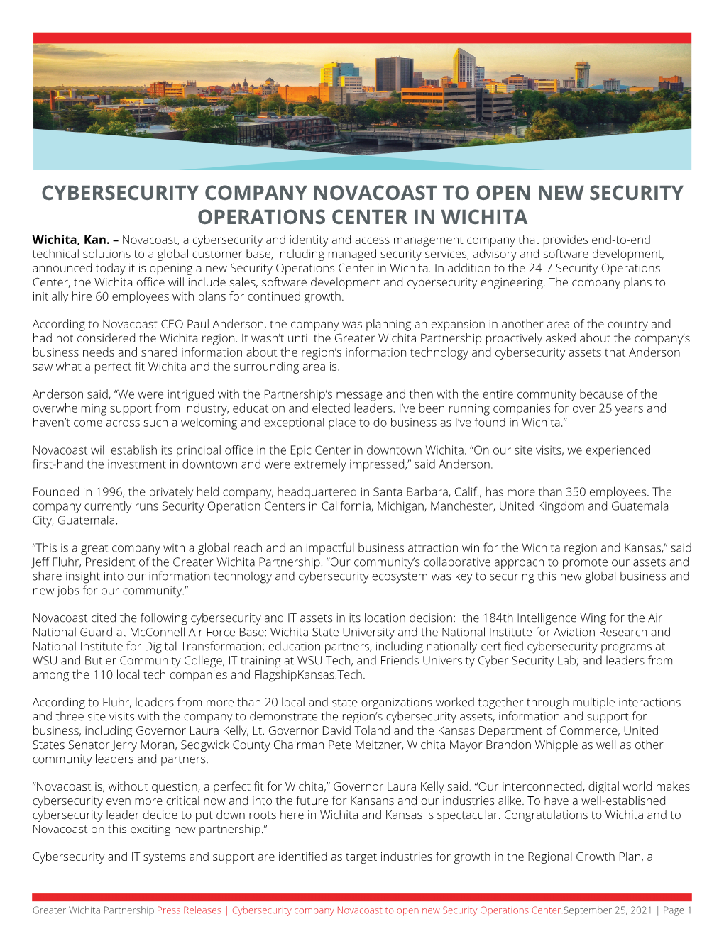 CYBERSECURITY COMPANY NOVACOAST to OPEN NEW SECURITY OPERATIONS CENTER in WICHITA Wichita, Kan