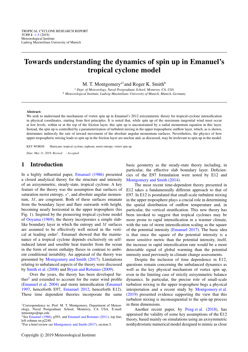 Towards Understanding the Dynamics of Spin up in Emanuel's Tropical