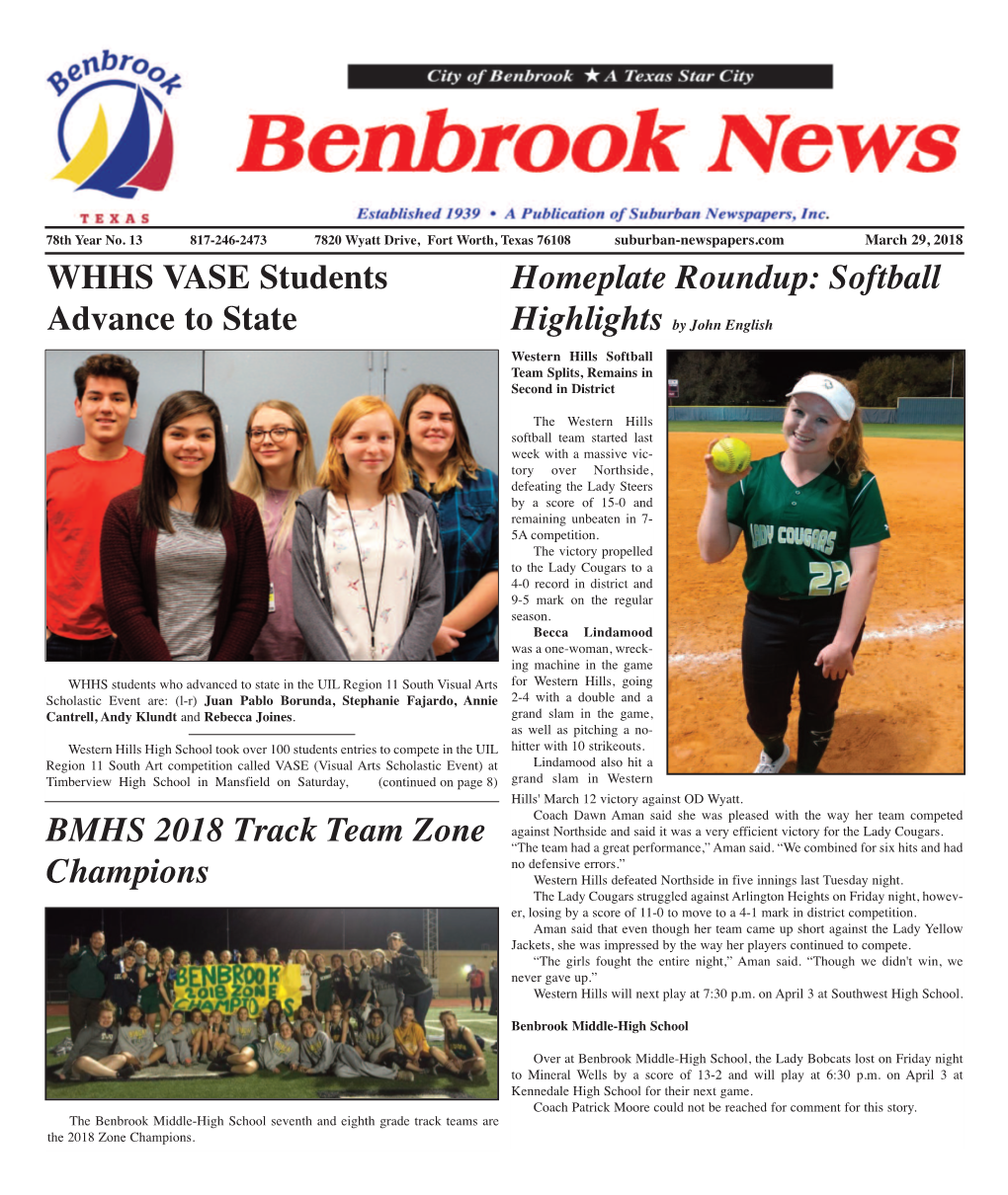WHHS VASE Students Advance to State Homeplate Roundup: Softball BMHS 2018 Track Team Zone Champions
