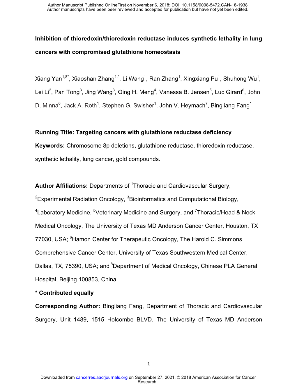 Inhibition of Thioredoxin/Thioredoxin Reductase Induces Synthetic Lethality in Lung