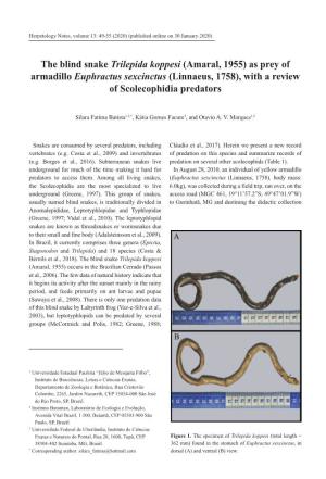 The Blind Snake Trilepida Koppesi (Amaral, 1955) As Prey of Armadillo Euphractus Sexcinctus (Linnaeus, 1758), with a Review of Scolecophidia Predators