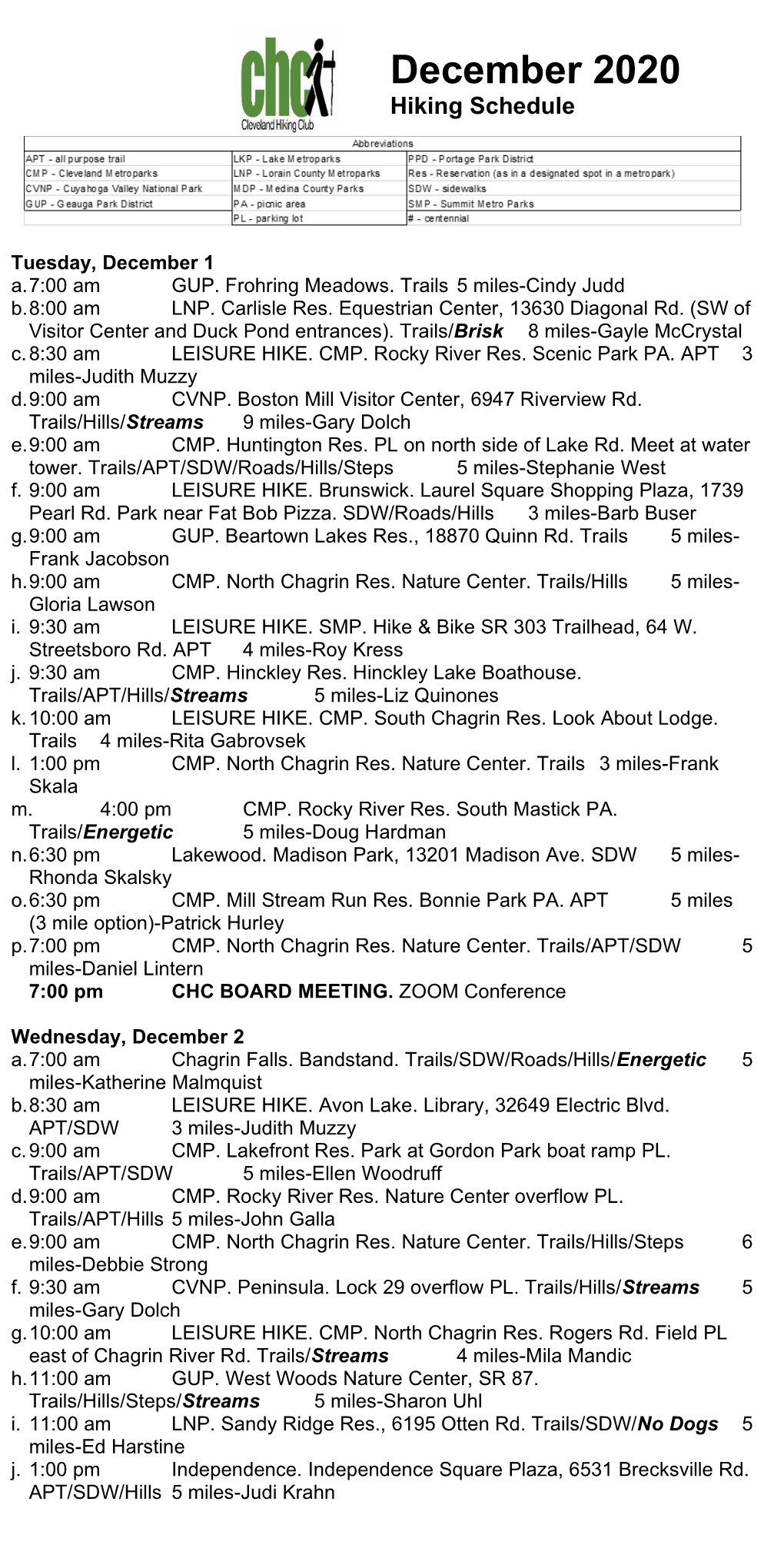 December 2020 Hiking Schedule