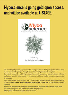 Mycoscience Is Going Gold Open Access, and Will Be Available at J-STAGE