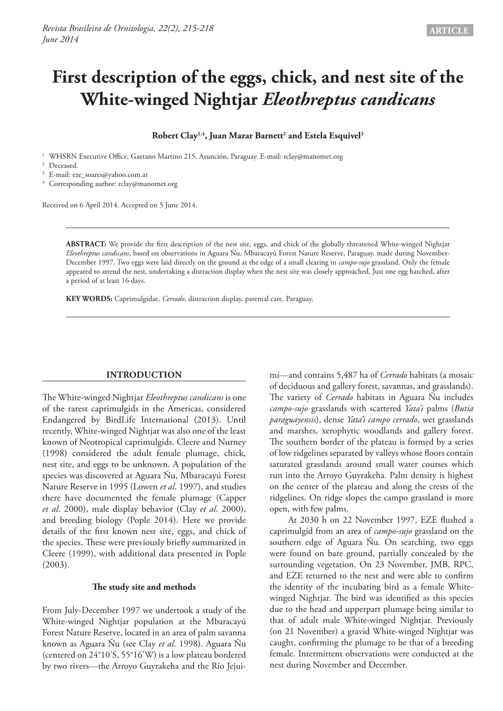 First Description of the Eggs, Chick, and Nest Site of the White-Winged Nightjar Eleothreptus Candicans