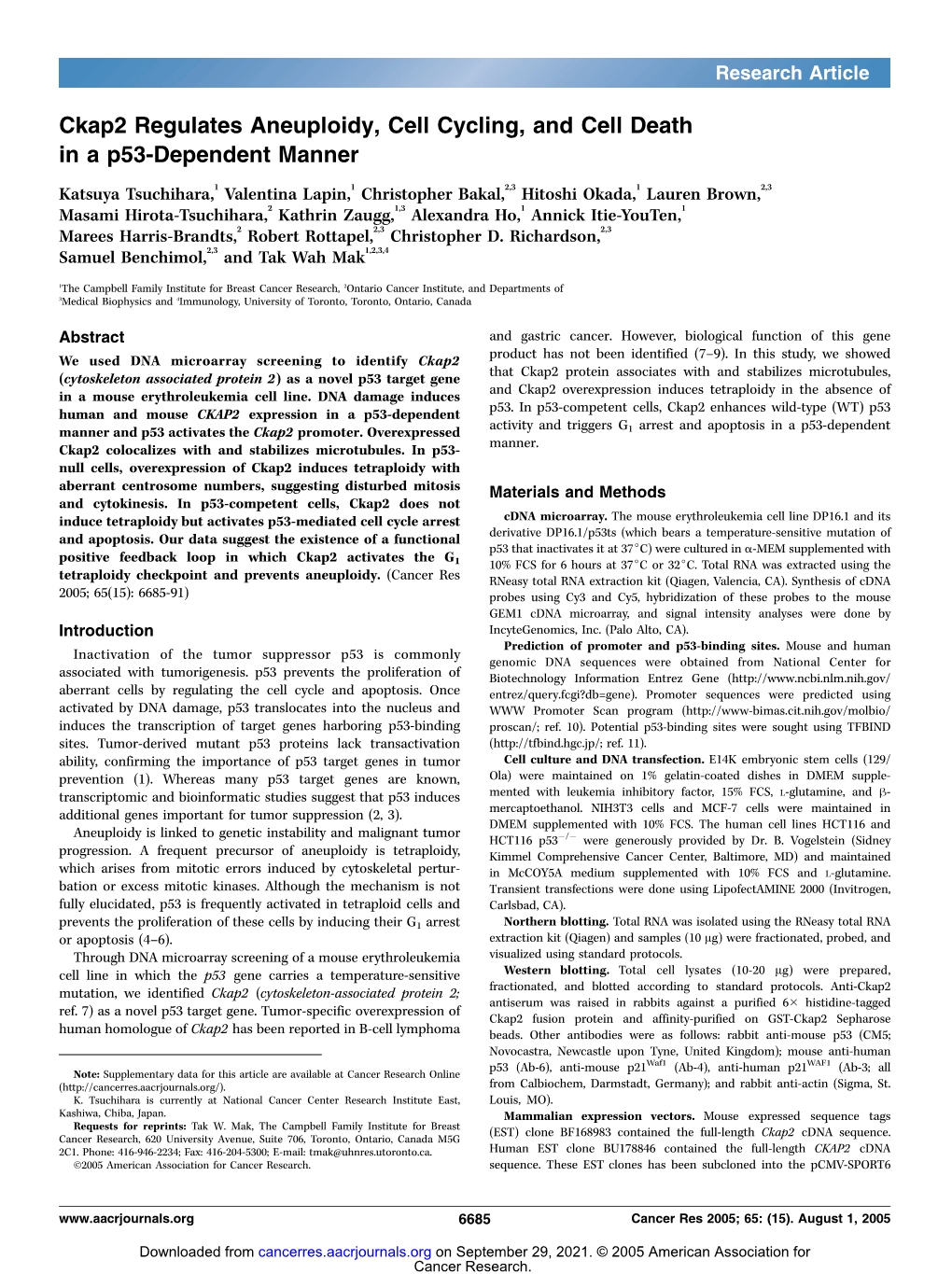 Ckap2 Regulates Aneuploidy, Cell Cycling, and Cell Death in a P53-Dependent Manner