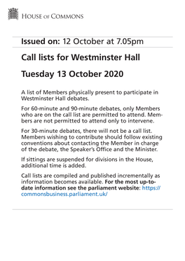 Westminster Hall Tuesday 13 October 2020
