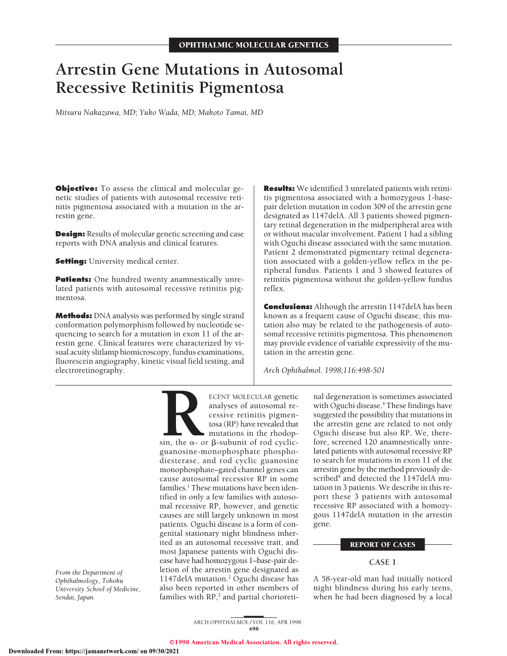 Arrestin Gene Mutations in Autosomal Recessive Retinitis Pigmentosa