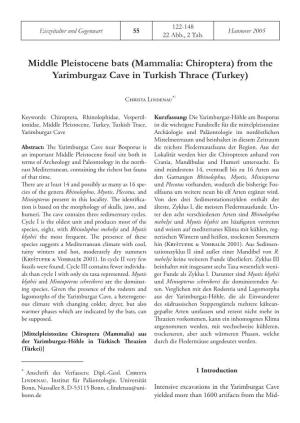 Middle Pleistocene Bats (Mammalia: Chiroptera) from the Yarimburgaz Cave in Turkish Thrace (Turkey)