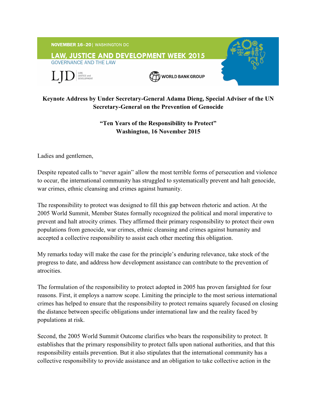 Keynote Address by Under Secretary-General Adama Dieng, Special Adviser of the UN Secretary-General on the Prevention of Genocide