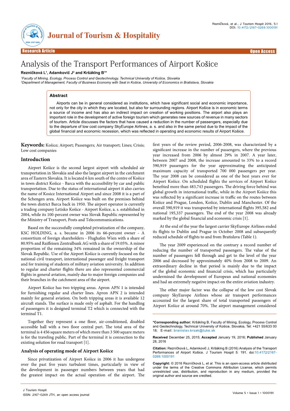 Analysis of the Transport Performances of Airport Košice