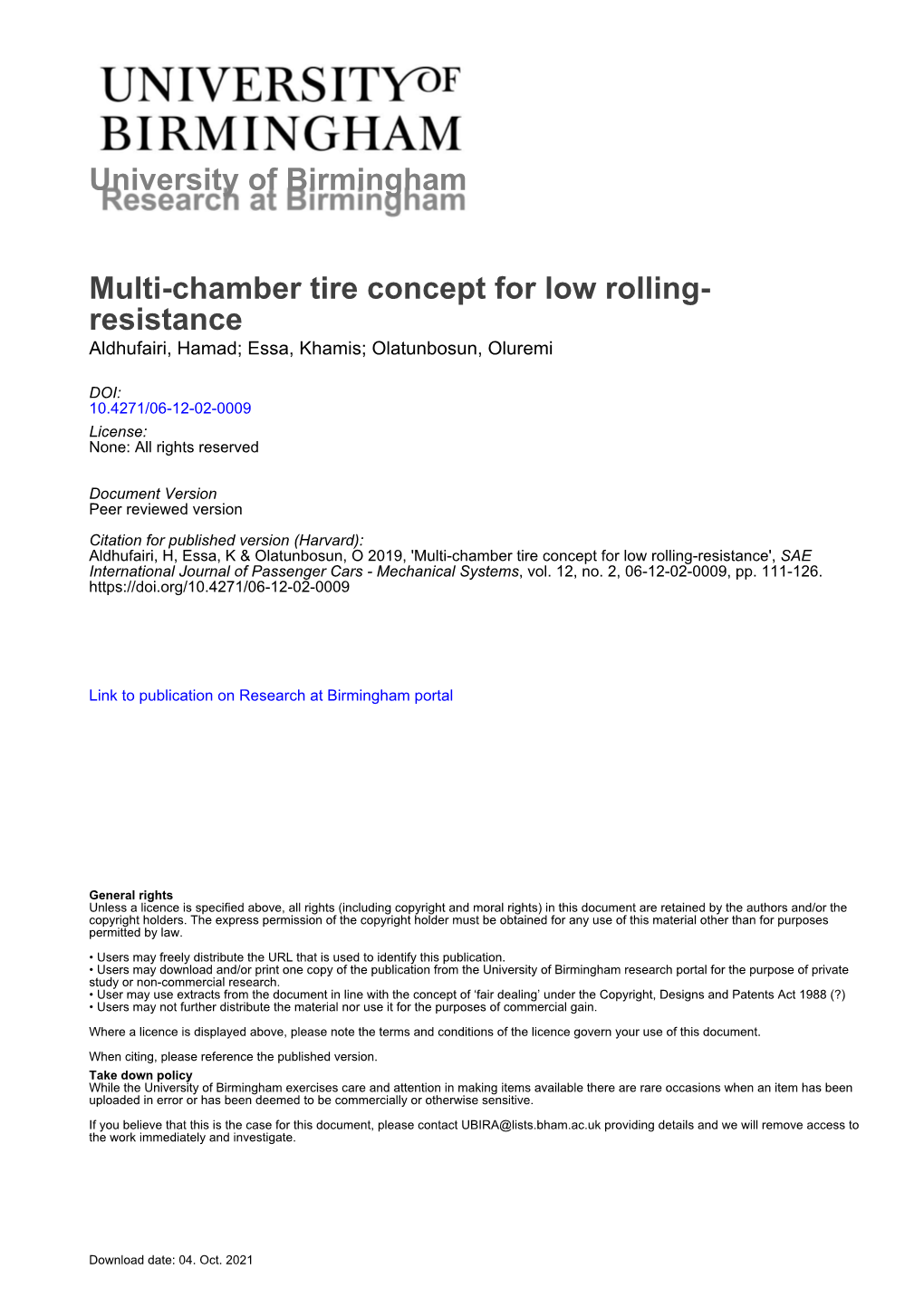 University of Birmingham Multi-Chamber Tire Concept