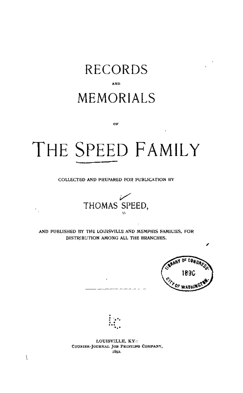 Records and Memorials of the Speed Family