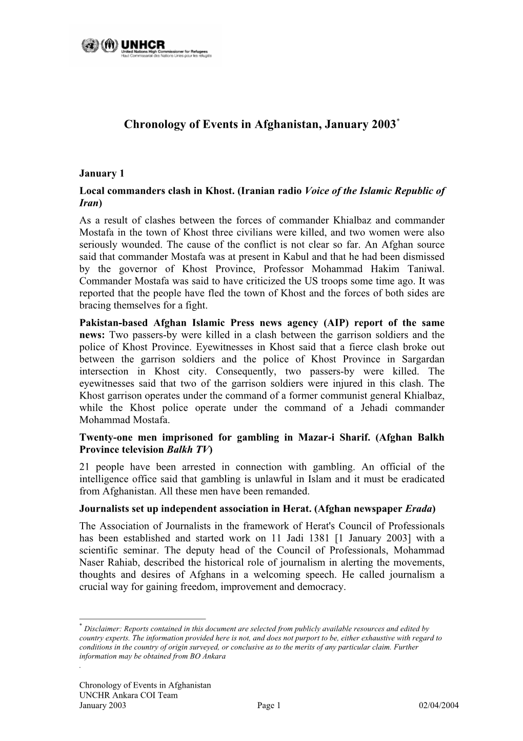 Chronology of Events in Afghanistan, January 2003*