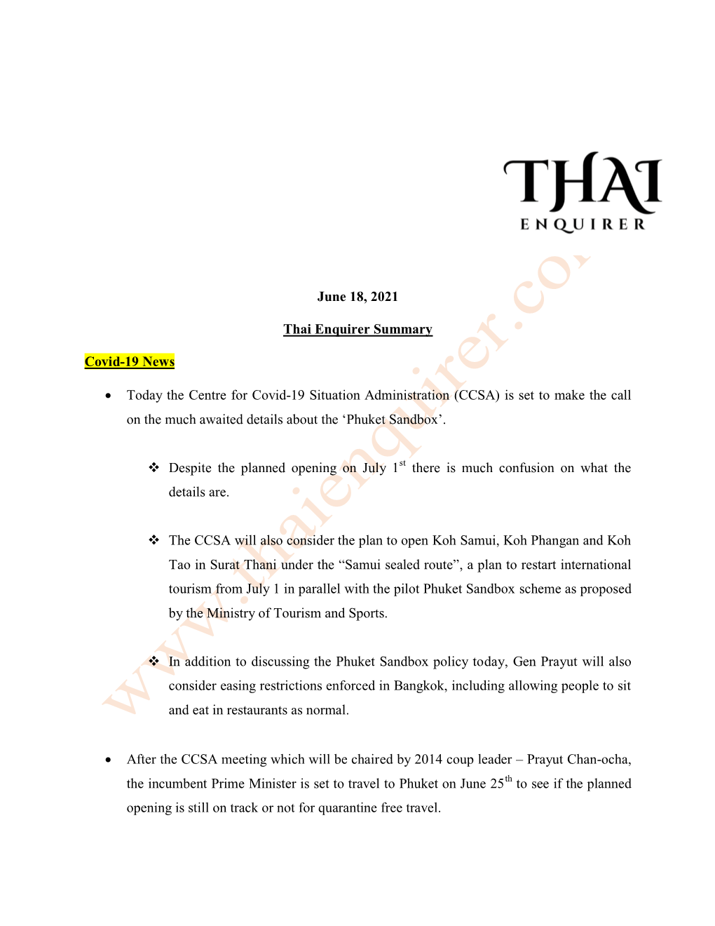 June 18, 2021 Thai Enquirer Summary Covid-19 News