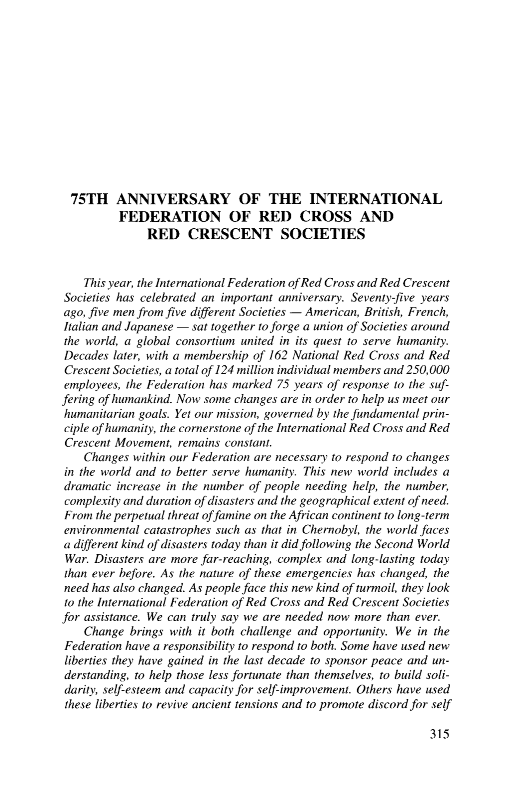 75Th Anniversary of the International Federation of Red Cross and Red Crescent Societies