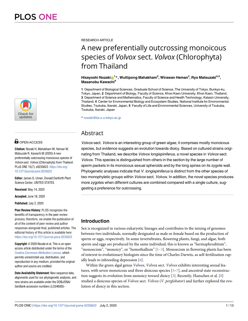 A New Preferentially Outcrossing Monoicous Species of Volvox Sect