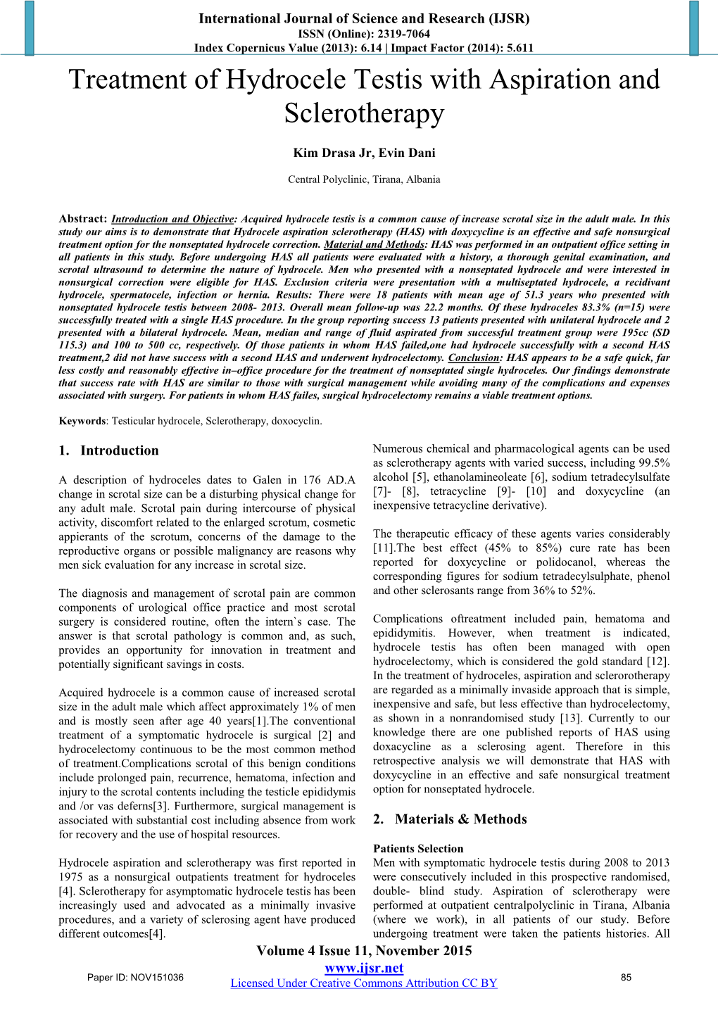 Treatment of Hydrocele Testis with Aspiration and Sclerotherapy