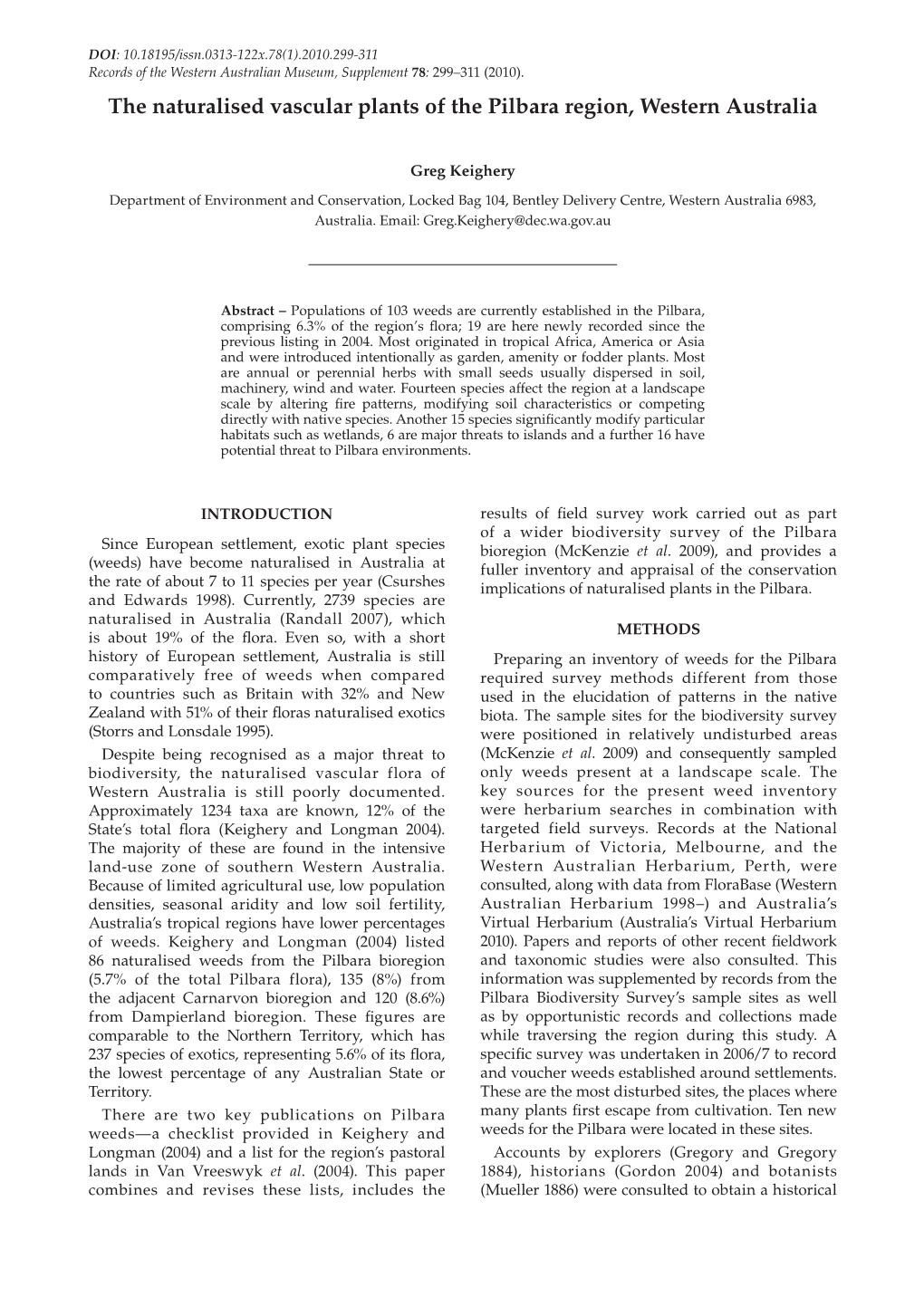 The Naturalised Vascular Plants of the Pilbara Region, Western Australia