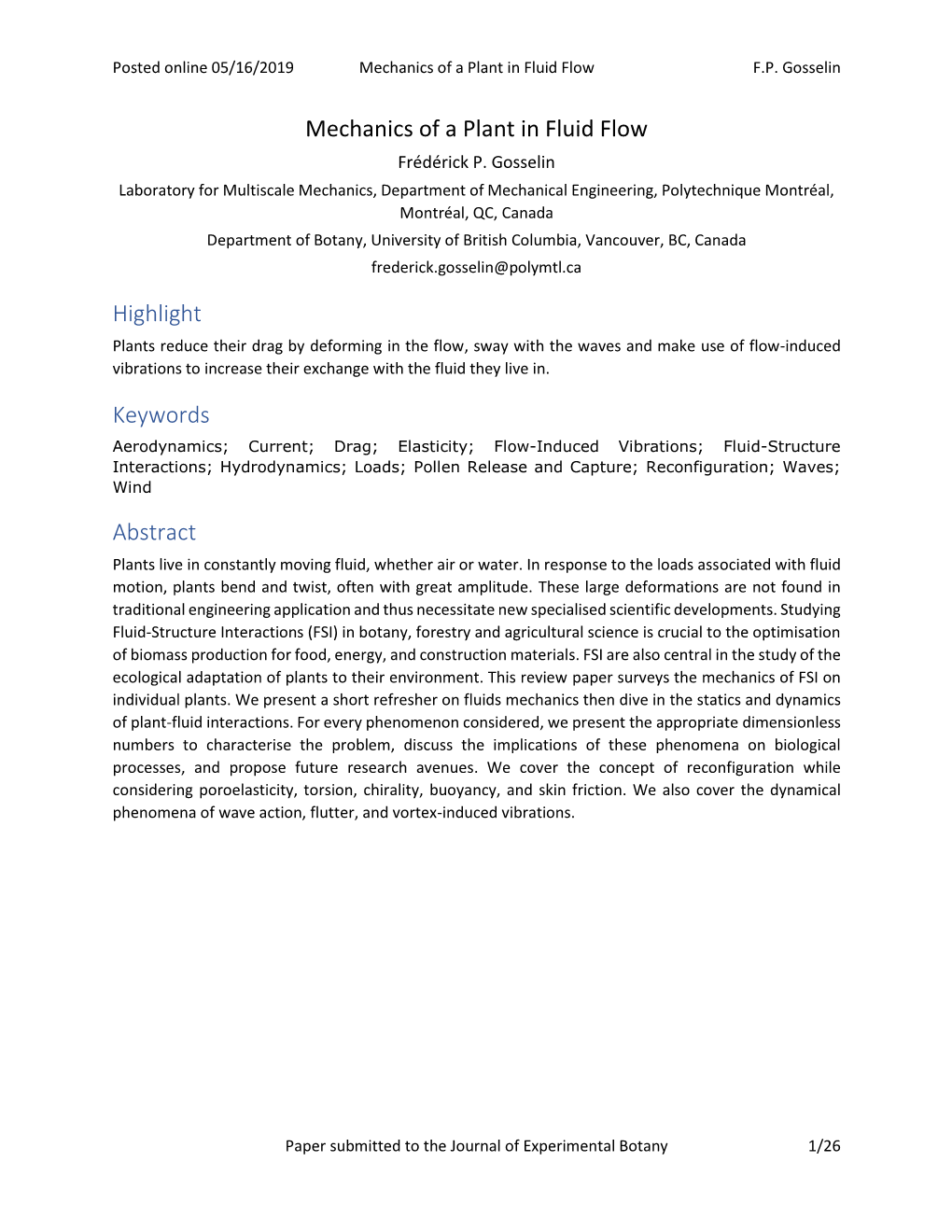 Mechanics of a Plant in Fluid Flow Highlight Keywords Abstract