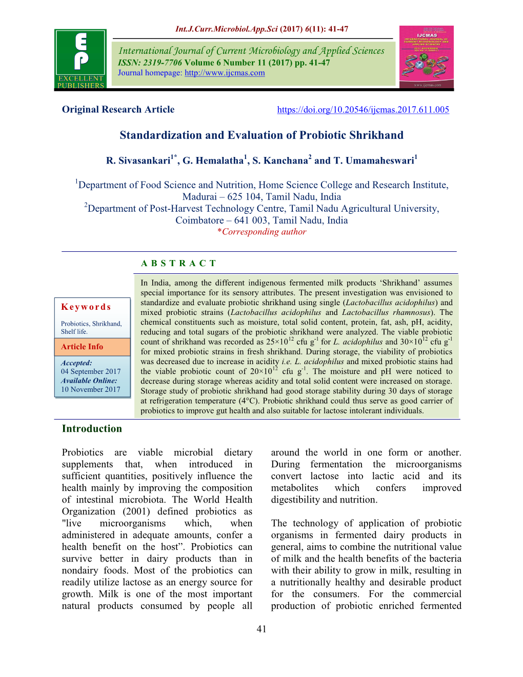 Standardization and Evaluation of Probiotic Shrikhand