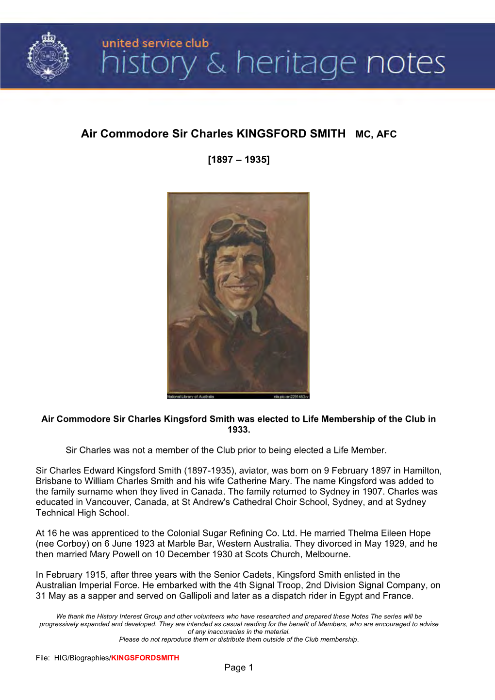 Air Commodore Sir Charles KINGSFORD SMITH MC, AFC