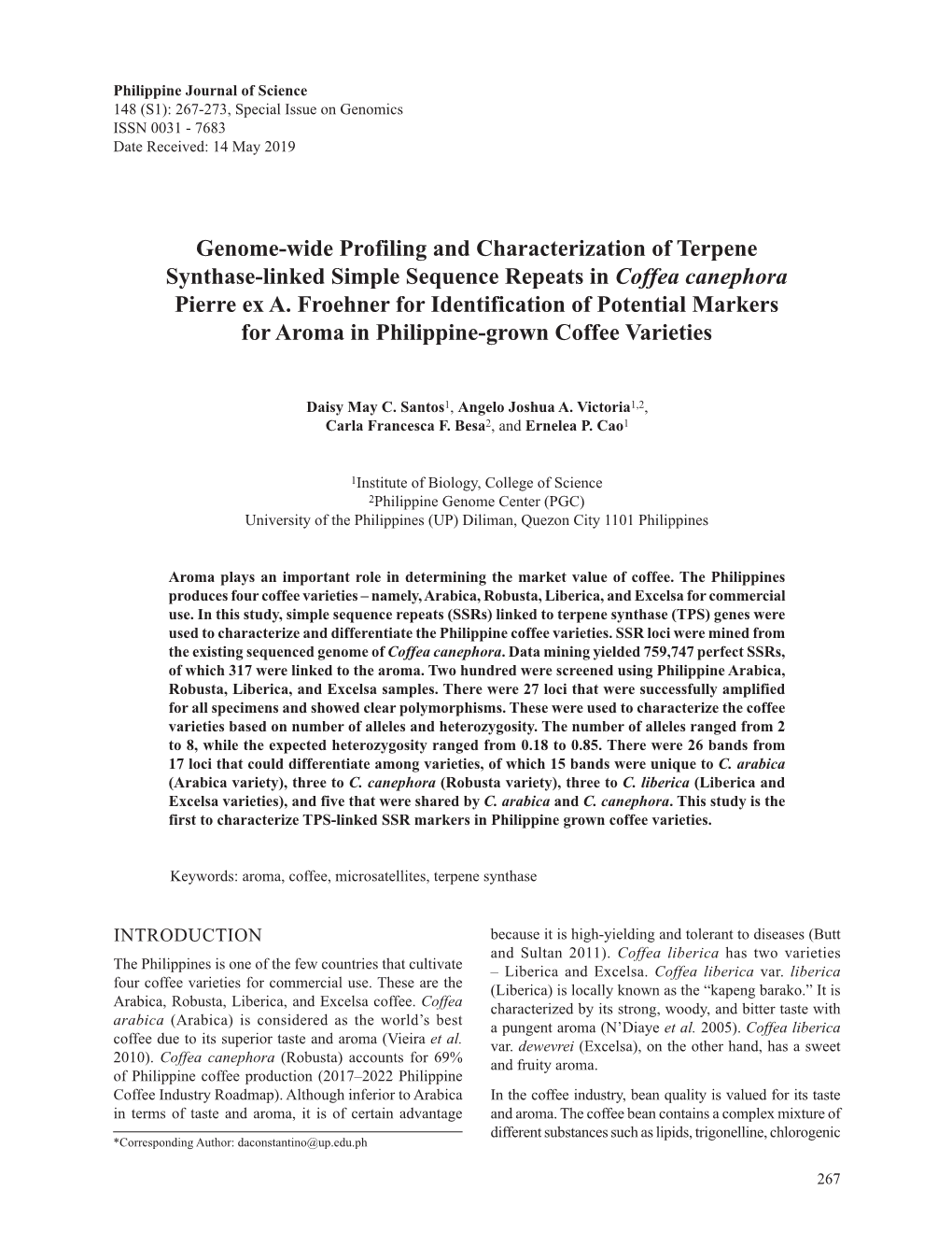 Genome-Wide Profiling and Characterization of Terpene Synthase-Linked Simple Sequence Repeats in Coffea Canephora Pierre Ex A