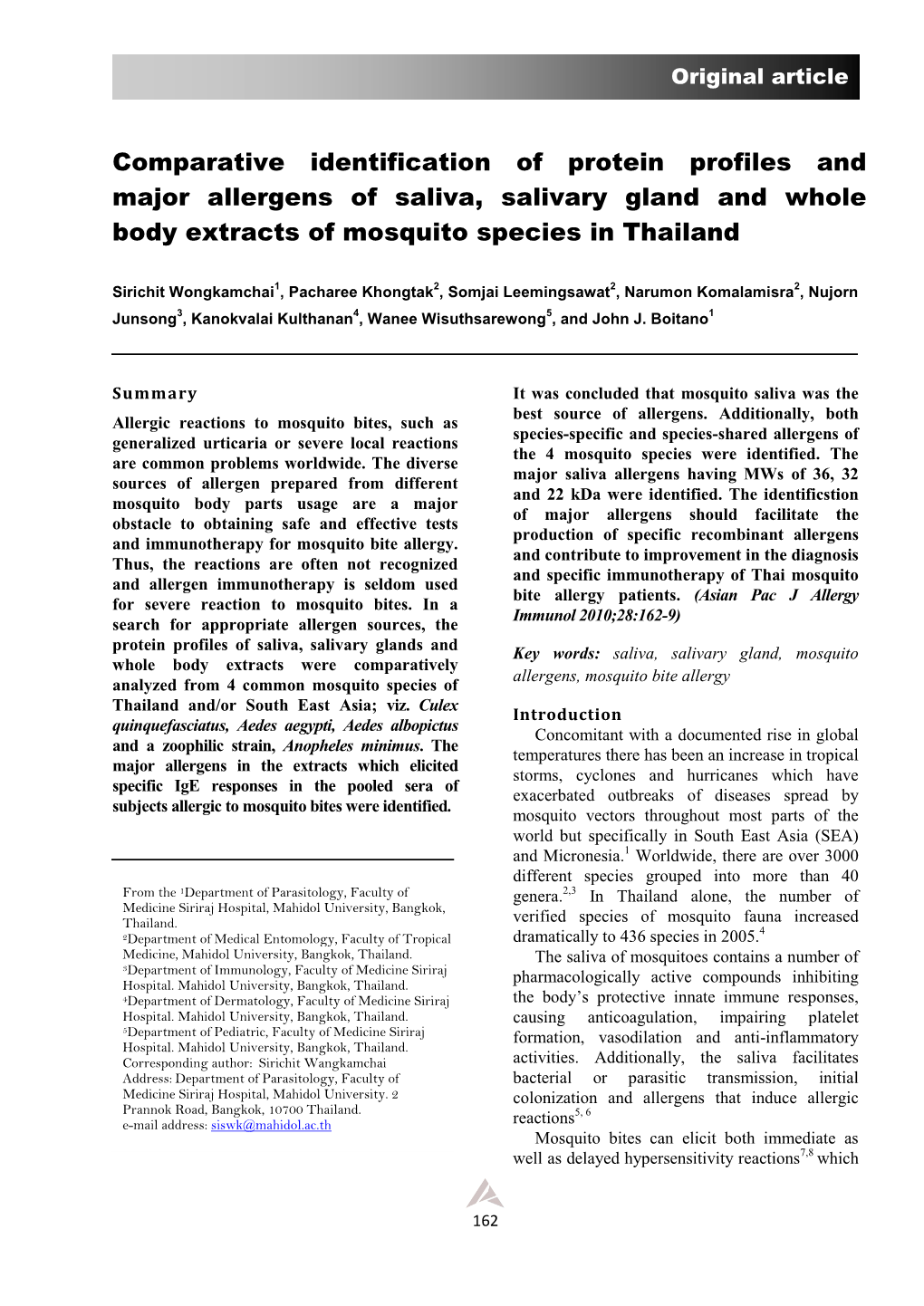 Comparative Identification of Protein Profiles and Major Allergens of Saliva, Salivary Gland and Whole Body Extracts of Mosquito Species in Thailand