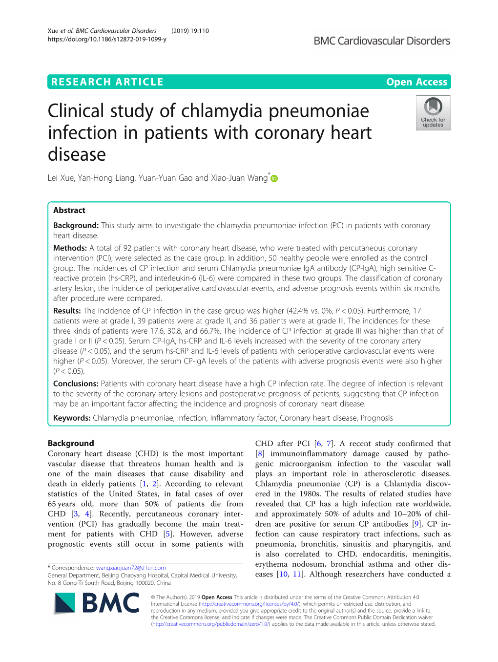 Clinical Study of Chlamydia Pneumoniae Infection in Patients with Coronary Heart Disease Lei Xue, Yan-Hong Liang, Yuan-Yuan Gao and Xiao-Juan Wang*