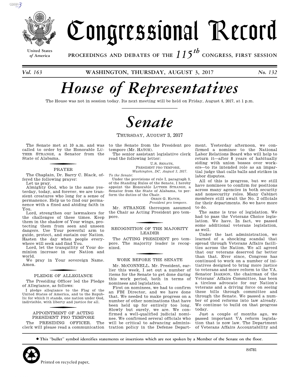 Congressional Record United States Th of America PROCEEDINGS and DEBATES of the 115 CONGRESS, FIRST SESSION