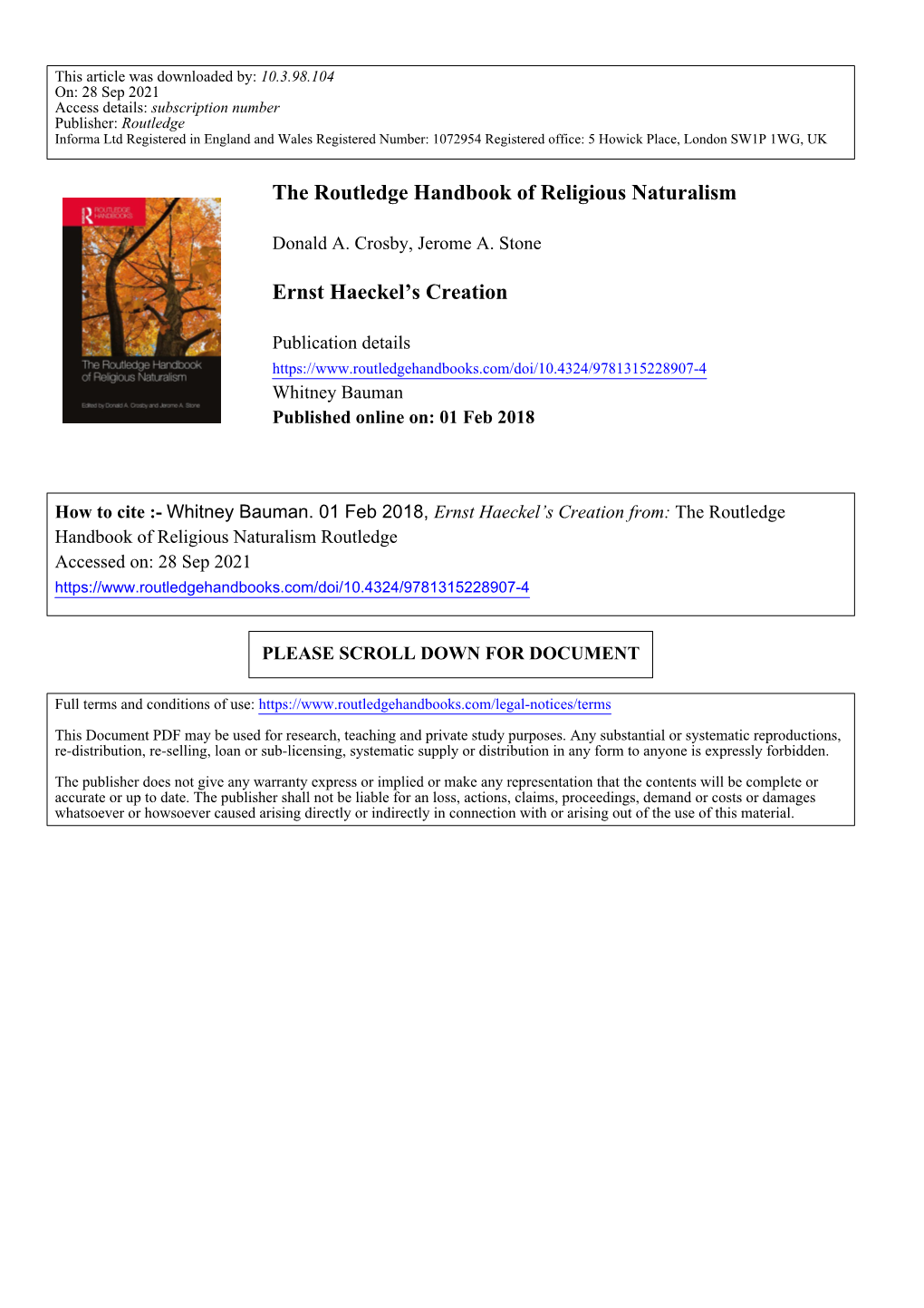 The Routledge Handbook of Religious Naturalism Ernst Haeckel's Creation