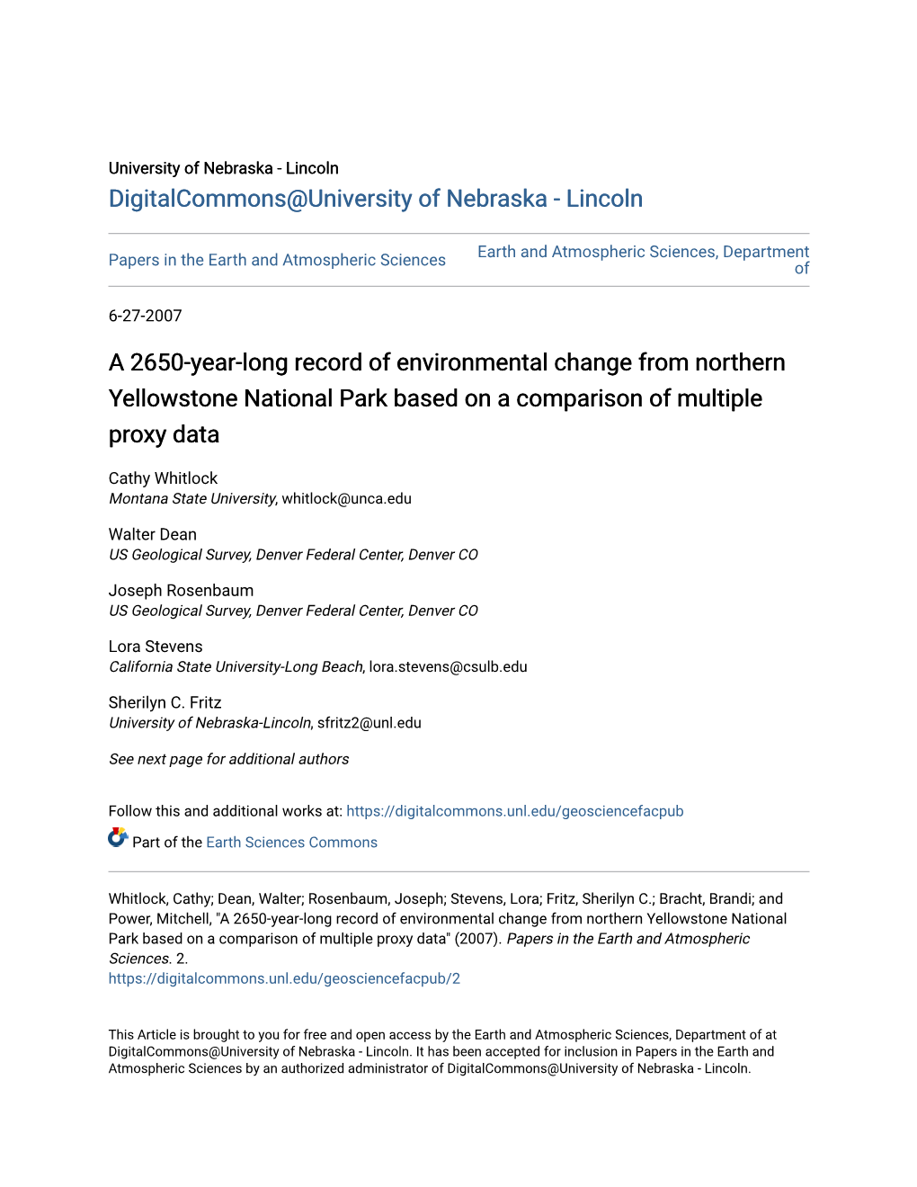 A 2650-Year-Long Record of Environmental Change from Northern Yellowstone National Park Based on a Comparison of Multiple Proxy Data