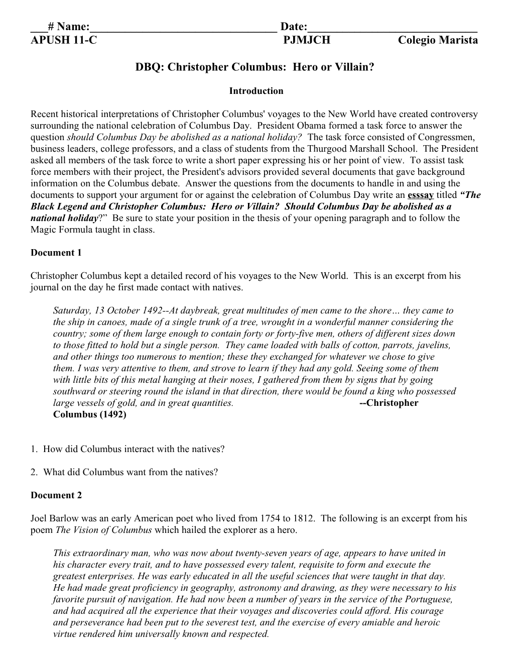 DBQ: Christopher Columbus: Hero Or Villain?