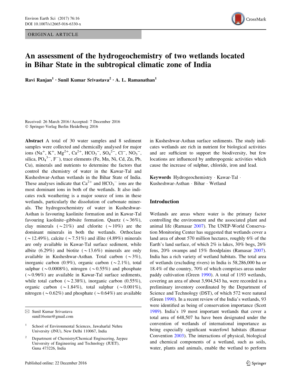 An Assessment of the Hydrogeochemistry of Two Wetlands Located in Bihar State in the Subtropical Climatic Zone of India