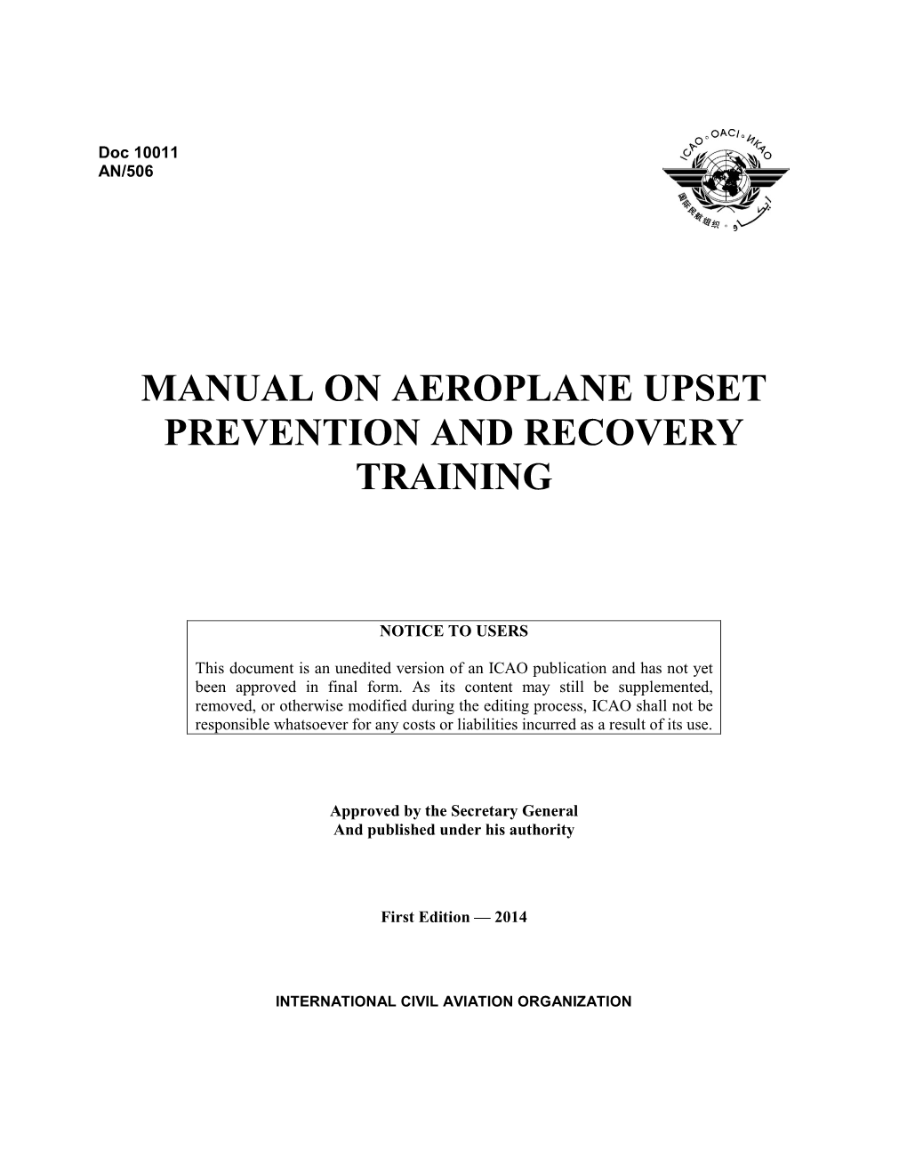 Manual on Aeroplane Upset Prevention and Recovery Training