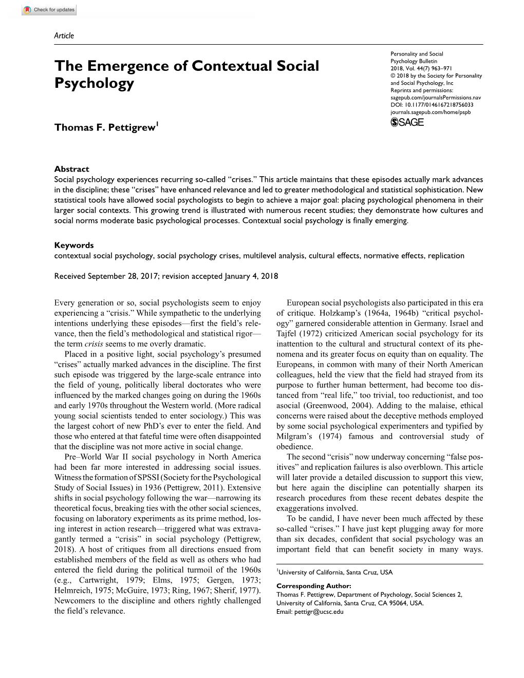 The Emergence of Contextual Social Psychology. Pettigrew