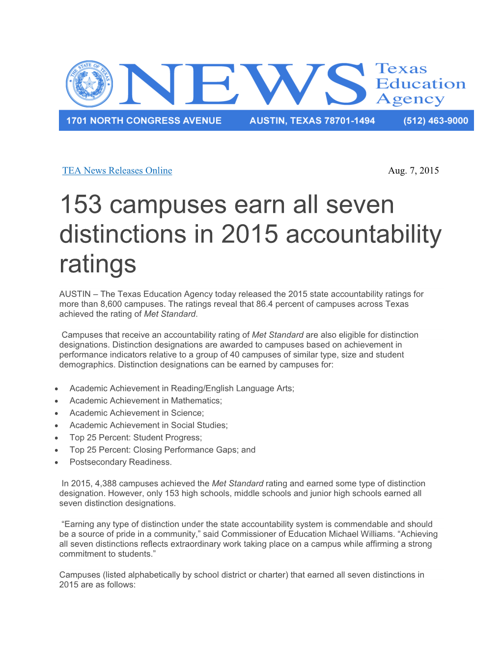 153 Campuses Earn All Seven Distinctions in 2015 Accountability Ratings