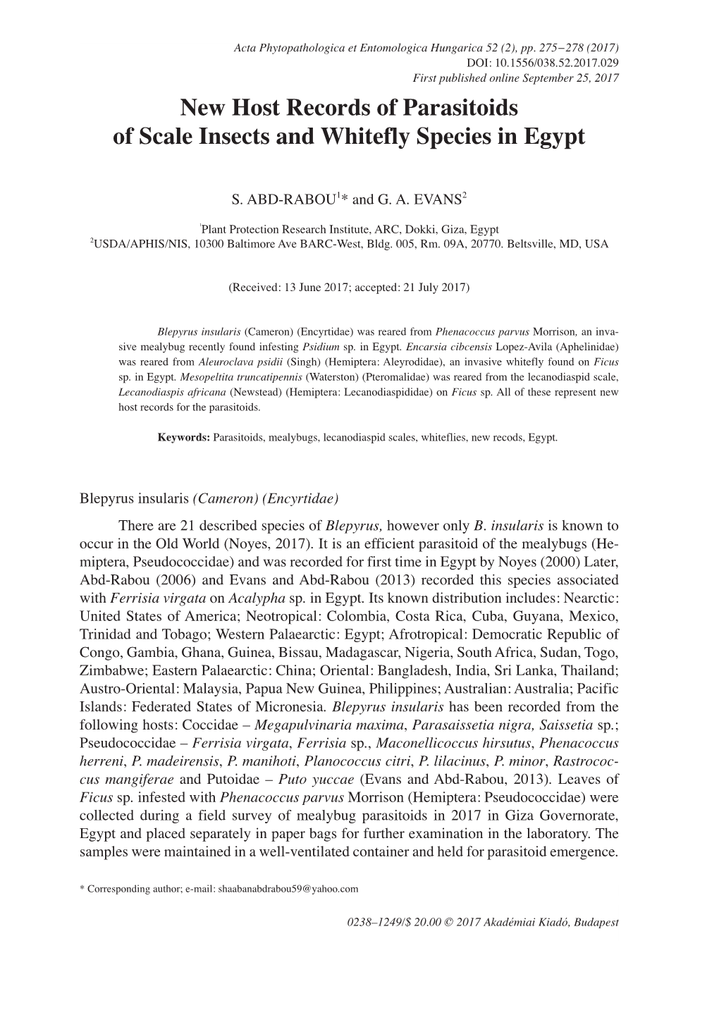 New Host Records of Parasitoids of Scale Insects and Whitefly Species in Egypt