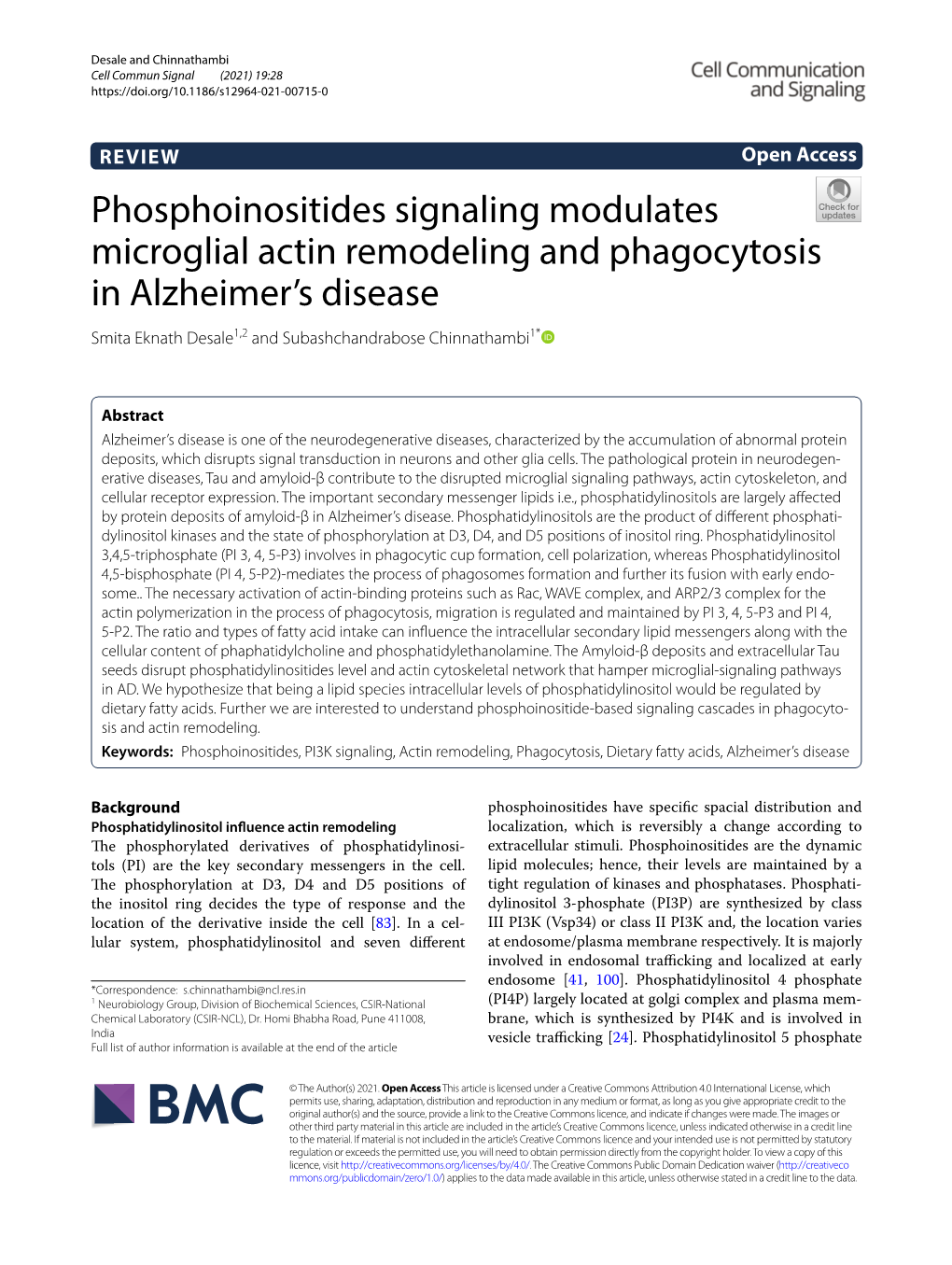 Phosphoinositides Signaling Modulates Microglial Actin Remodeling and Phagocytosis in Alzheimer’S Disease Smita Eknath Desale1,2 and Subashchandrabose Chinnathambi1*